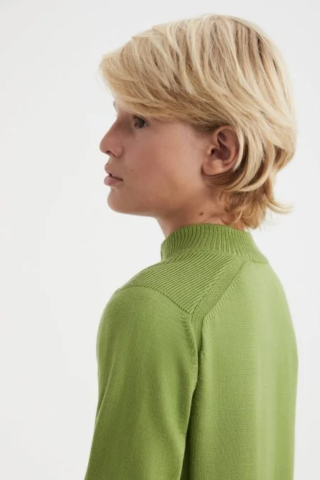 Fermuarlı Merino Yün Yeşil Activewear Çocuk Triko