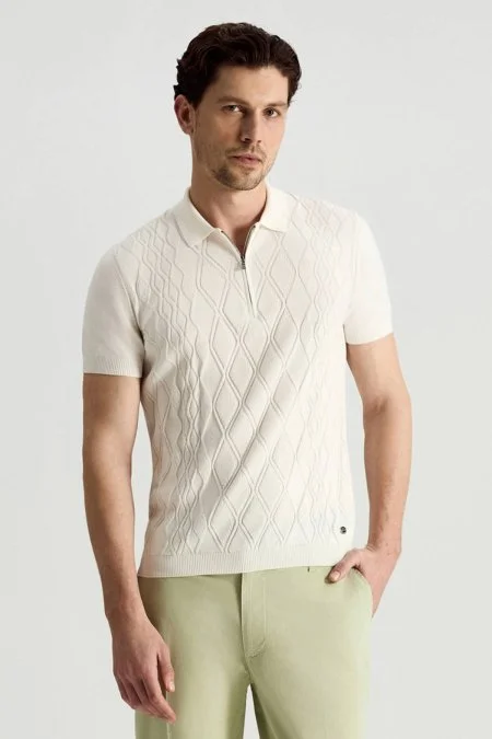 Giza Pamuk Argyle Desen Beyaz Triko Polo