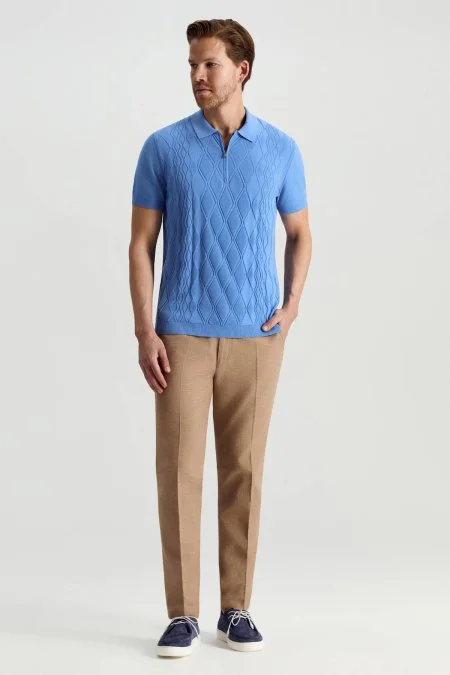 Giza Pamuk Argyle Desen Mavi Triko Polo