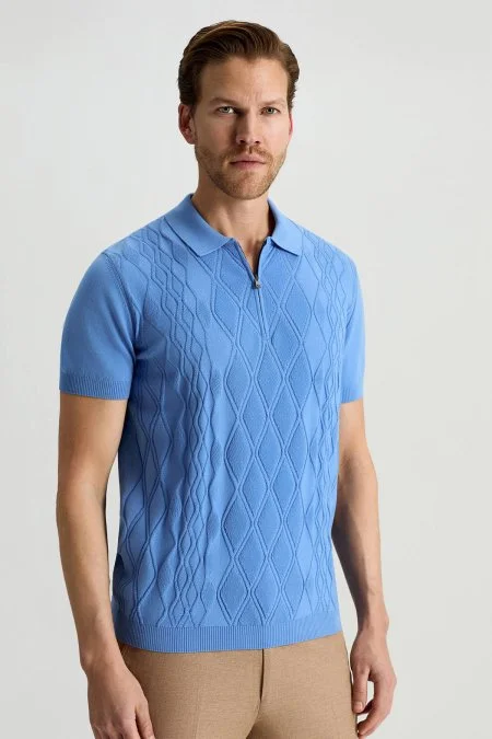 Giza Pamuk Argyle Desen Mavi Triko Polo