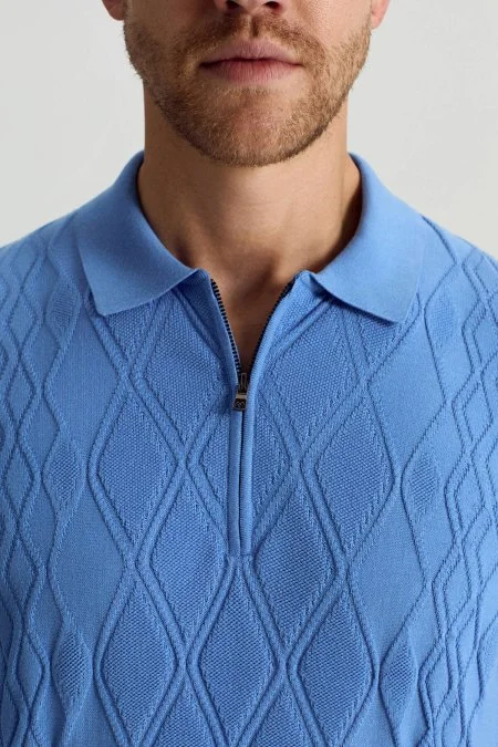 Giza Pamuk Argyle Desen Mavi Triko Polo