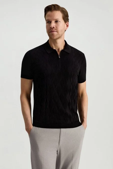 Giza Pamuk Argyle Desen Siyah Triko Polo