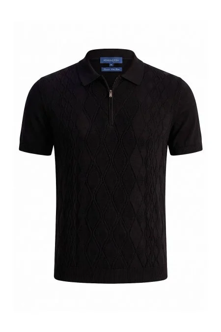 Giza Pamuk Argyle Desen Siyah Triko Polo