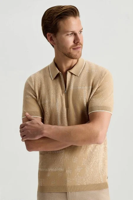 Giza Pamuk Paisley Desen Krem-Beyaz Triko Polo