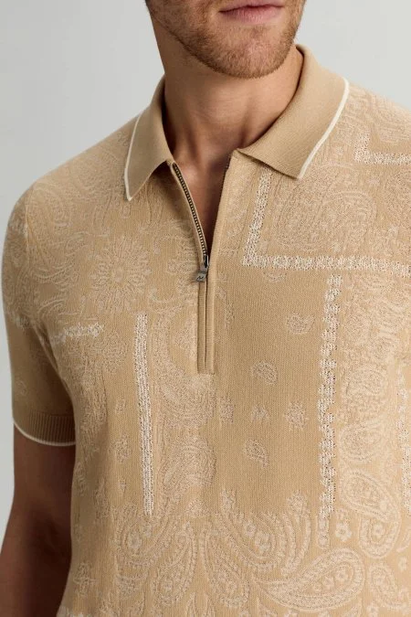 Giza Pamuk Paisley Desen Krem-Beyaz Triko Polo
