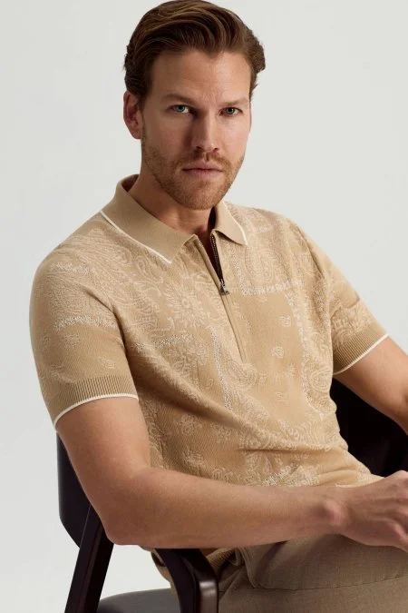 Giza Pamuk Paisley Desen Krem-Beyaz Triko Polo