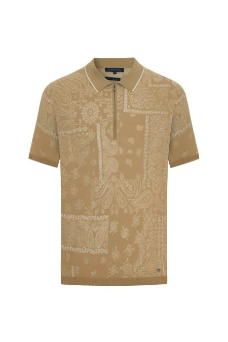 Giza Pamuk Paisley Desen Krem-Beyaz Triko Polo