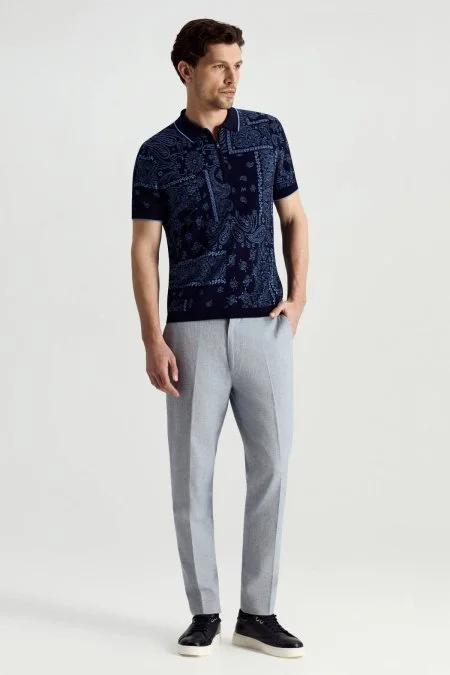 Giza Pamuk Paisley Desen Lacivert-Mavi Triko Polo
