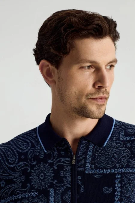 Giza Pamuk Paisley Desen Lacivert-Mavi Triko Polo