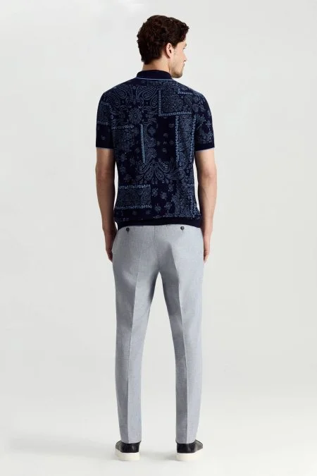 Giza Pamuk Paisley Desen Lacivert-Mavi Triko Polo