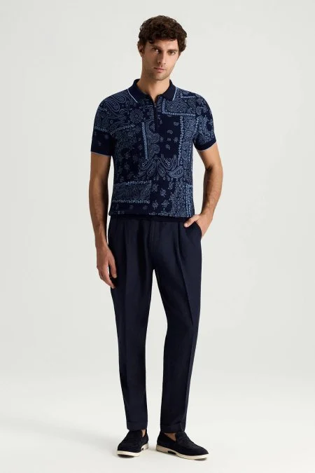 Giza Pamuk Paisley Desen Lacivert-Mavi Triko Polo