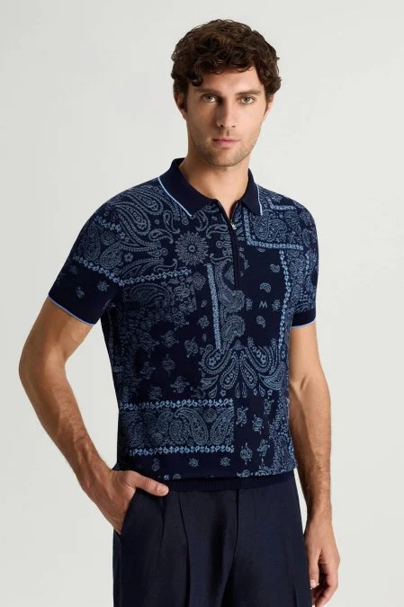 Giza Pamuk Paisley Desen Lacivert-Mavi Triko Polo