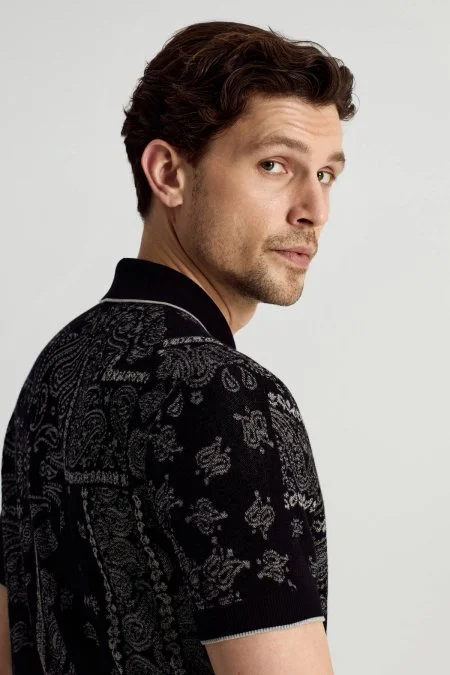 Giza Pamuk Paisley Desen Siyah-Açık Gri Triko Polo