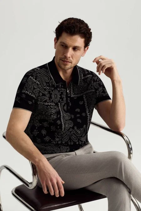 Giza Pamuk Paisley Desen Siyah-Açık Gri Triko Polo