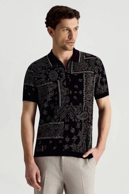 Giza Pamuk Paisley Desen Siyah-Açık Gri Triko Polo