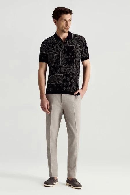 Giza Pamuk Paisley Desen Siyah-Açık Gri Triko Polo