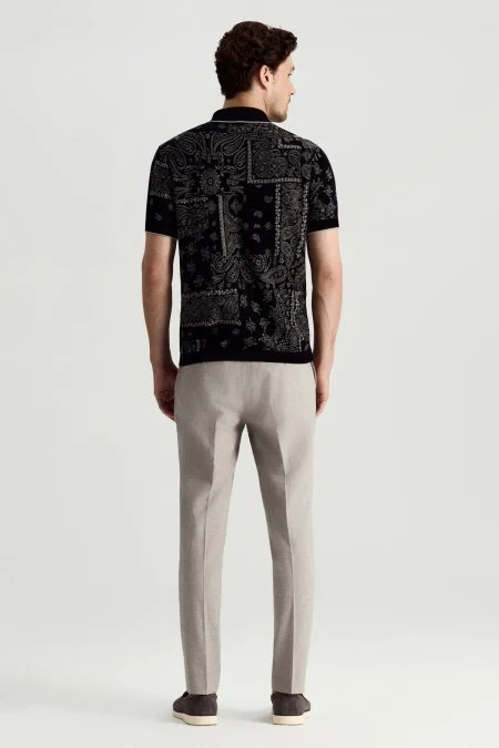 Giza Pamuk Paisley Desen Siyah-Açık Gri Triko Polo