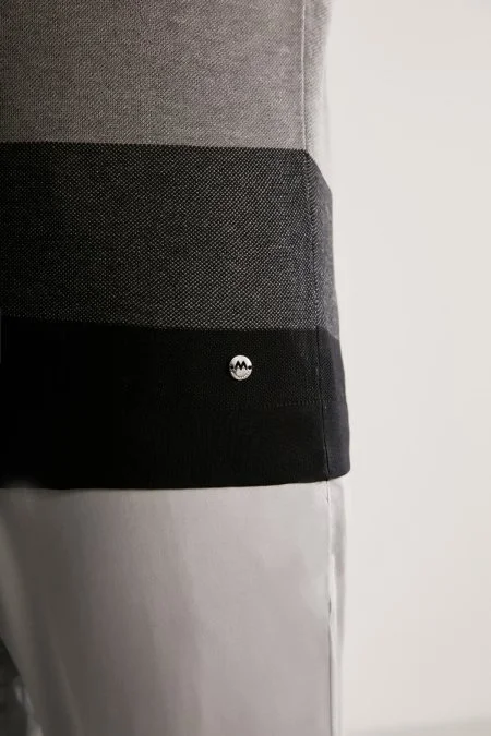 Gri Çizgili Fermuarlı Yaka Merserize Pamuk Triko Polo