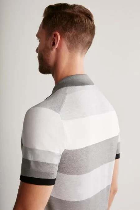 Gri Çizgili Fermuarlı Yaka Merserize Pamuk Triko Polo