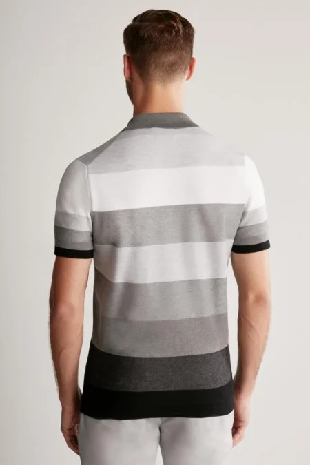 Gri Çizgili Fermuarlı Yaka Merserize Pamuk Triko Polo