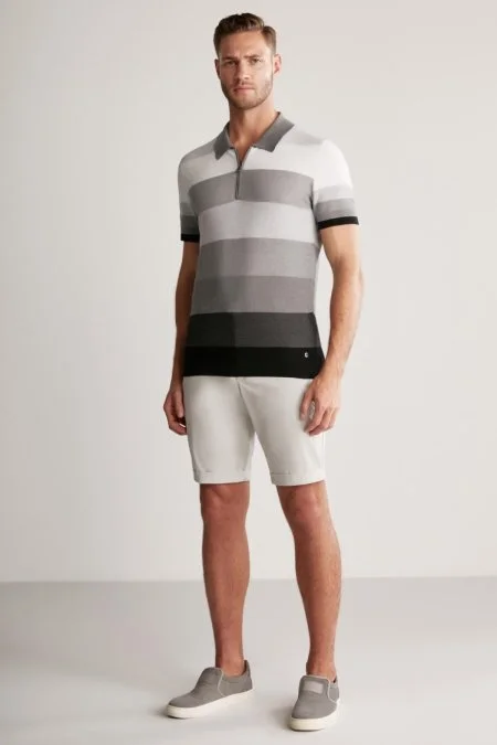 Gri Çizgili Fermuarlı Yaka Merserize Pamuk Triko Polo