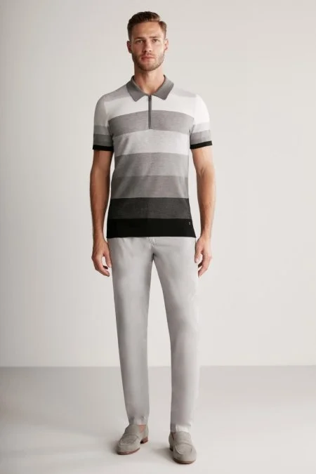 Gri Çizgili Fermuarlı Yaka Merserize Pamuk Triko Polo