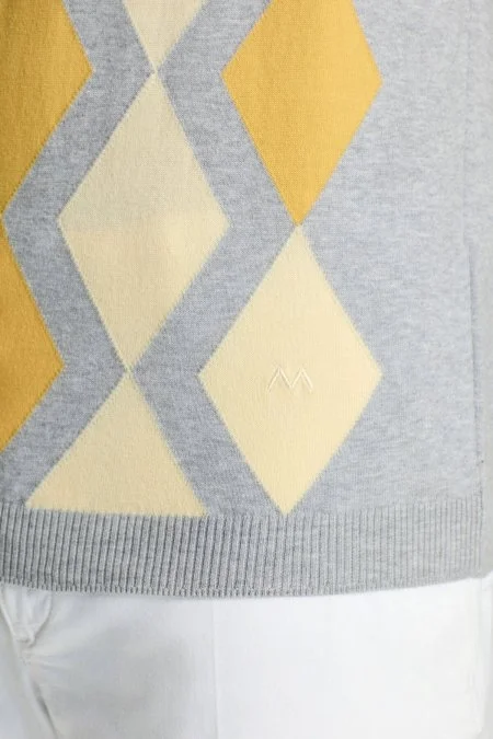 Gri Sarı Baklava Desen Triko Polo