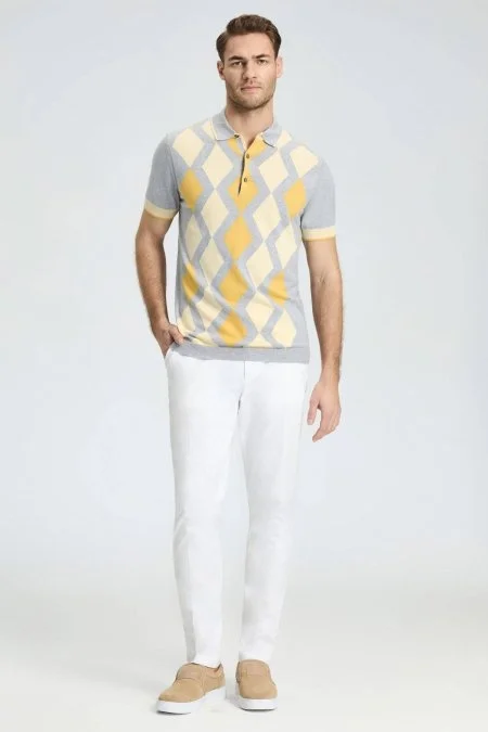 Gri Sarı Baklava Desen Triko Polo