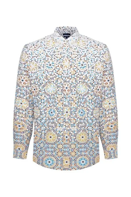 Güneş Desen Pamuk Tensel Turuncu Mavi Gömlek