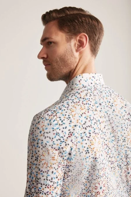 Güneş Desen Pamuk Tensel Turuncu Mavi Gömlek