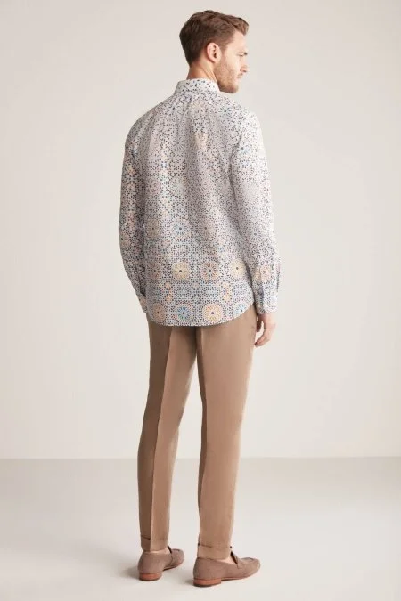 Güneş Desen Pamuk Tensel Turuncu Mavi Gömlek