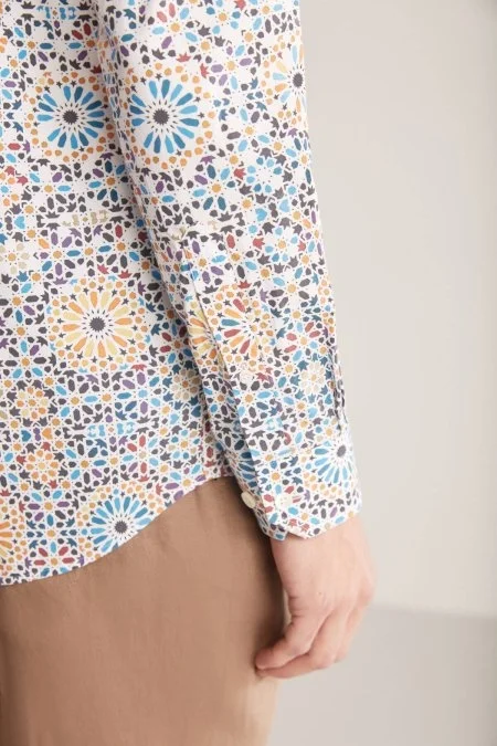 Güneş Desen Pamuk Tensel Turuncu Mavi Gömlek