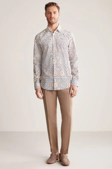 Güneş Desen Pamuk Tensel Turuncu Mavi Gömlek