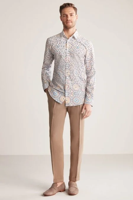 Güneş Desen Pamuk Tensel Turuncu Mavi Gömlek