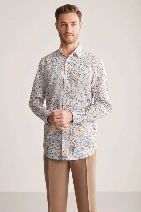 Güneş Desen Pamuk Tensel Turuncu Mavi Gömlek