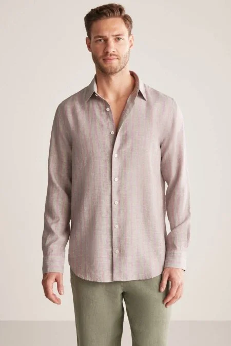 Haki-Bordo Çizgili Gizli Düğme Saf Keten Gömlek