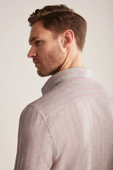 Haki-Bordo Çizgili Gizli Düğme Saf Keten Gömlek