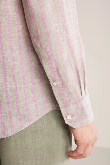 Haki-Bordo Çizgili Gizli Düğme Saf Keten Gömlek