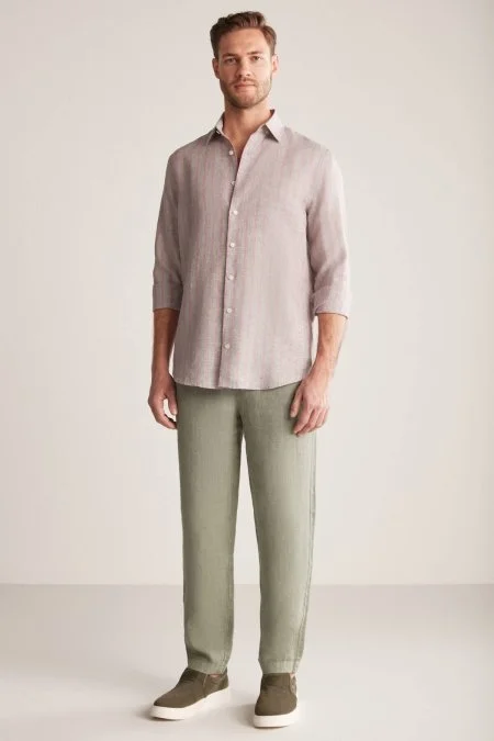 Haki-Bordo Çizgili Gizli Düğme Saf Keten Gömlek