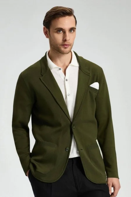 Haki Merserize Pamuk Triko Blazer Ceket