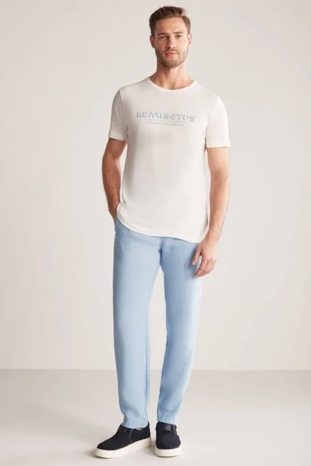 Hemington Baskılı Keten Pamuk Karışım Beyaz T-Shirt