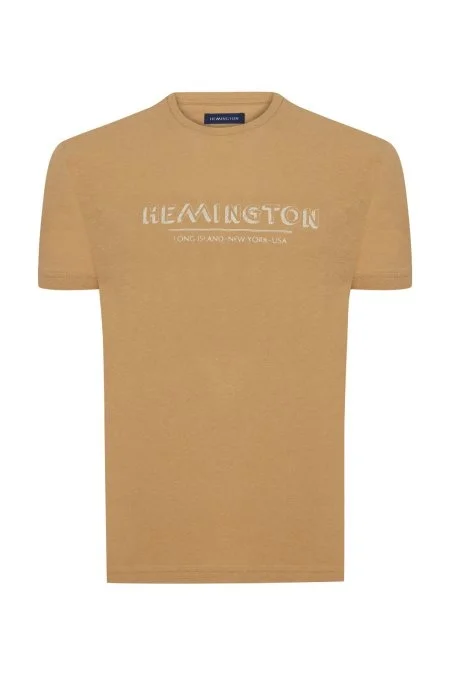 Hemington Baskılı Keten Pamuk Karışım Camel T-Shirt