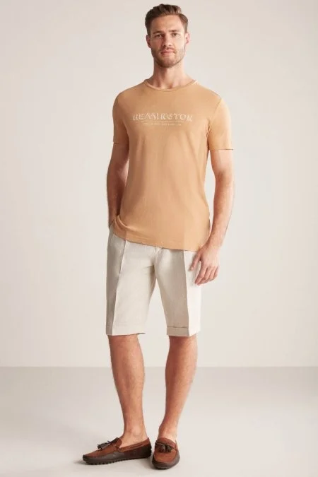 Hemington Baskılı Keten Pamuk Karışım Camel T-Shirt