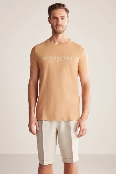 Hemington Baskılı Keten Pamuk Karışım Camel T-Shirt