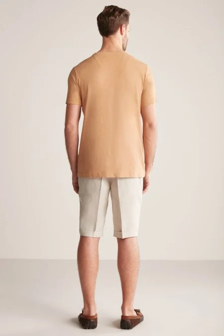 Hemington Baskılı Keten Pamuk Karışım Camel T-Shirt