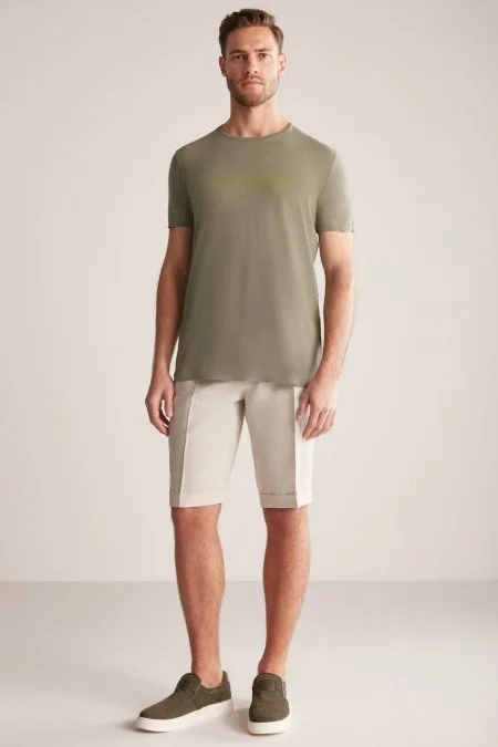 Hemington Baskılı Keten Pamuk Karışım Haki T-Shirt