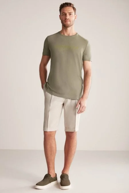 Hemington Baskılı Keten Pamuk Karışım Haki T-Shirt