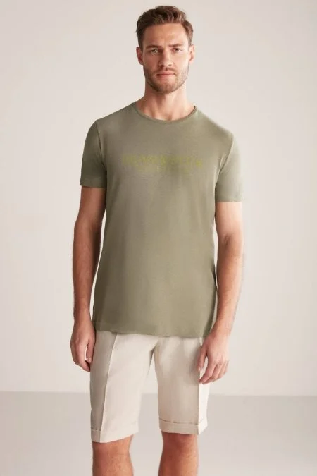 Hemington Baskılı Keten Pamuk Karışım Haki T-Shirt