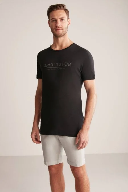 Hemington Baskılı Keten Pamuk Karışım Siyah T-Shirt