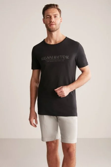 Hemington Baskılı Keten Pamuk Karışım Siyah T-Shirt
